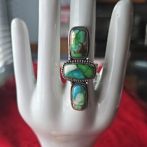 925 Sterling Silver Peacock Dahlia Turquoise Ring~Sz 9